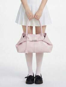 ROMWE Kawaii 1 chiếc túi xách nữ dung tích lớn, túi đeo vai bằng da PU, kiểu dáng cổ điển tối giản, túi công sở thời trang, túi đi làm cho nữ, màu đen, trắng, nâu, bạc. - Hồng - Xem 3