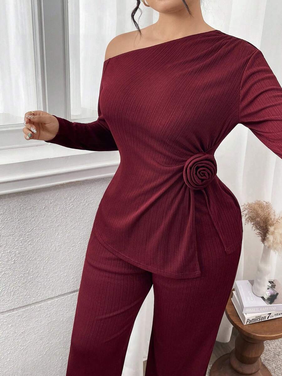 Modelyn Plus Size Women Solid Color Oblique Shoulder Long Sleeve Floral Decor Top And Pants Elegant 2 Pieces Set