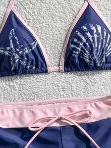 Swim Mod 2pcs/Set Teenage Girls' Ocean Print Spaghetti Strap Crop Top And Matching Shorts - Multicolor - View 5