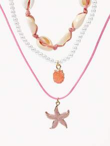 Opalesca 3pcs/Set Pink Starfish & Shell Pendant Beaded Necklace, Beachy Vacation Style Women's Jewelry - Pink - View 5