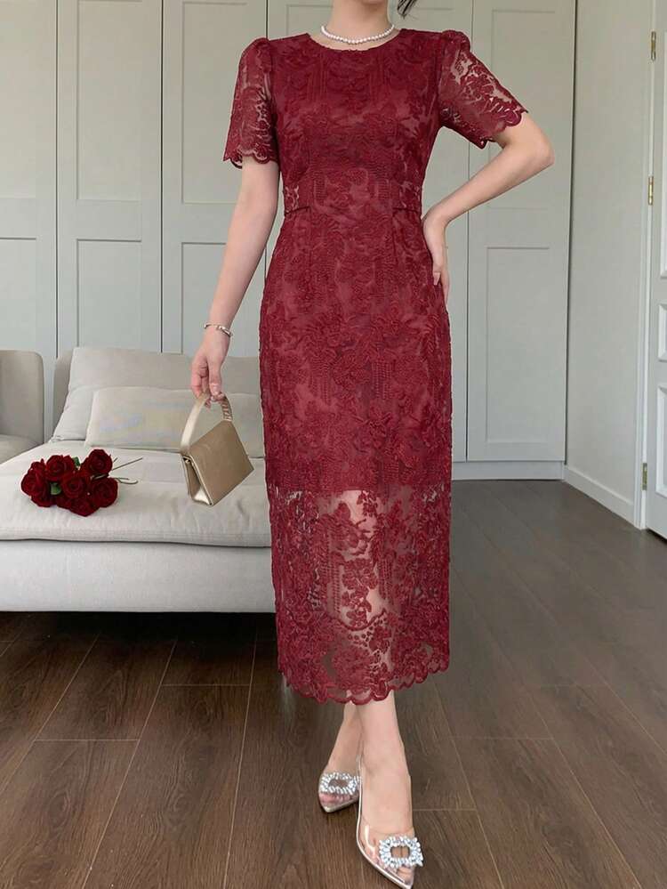 Elegant Lace Round Neck Petal Sleeve Midi Dress For Women, Summer