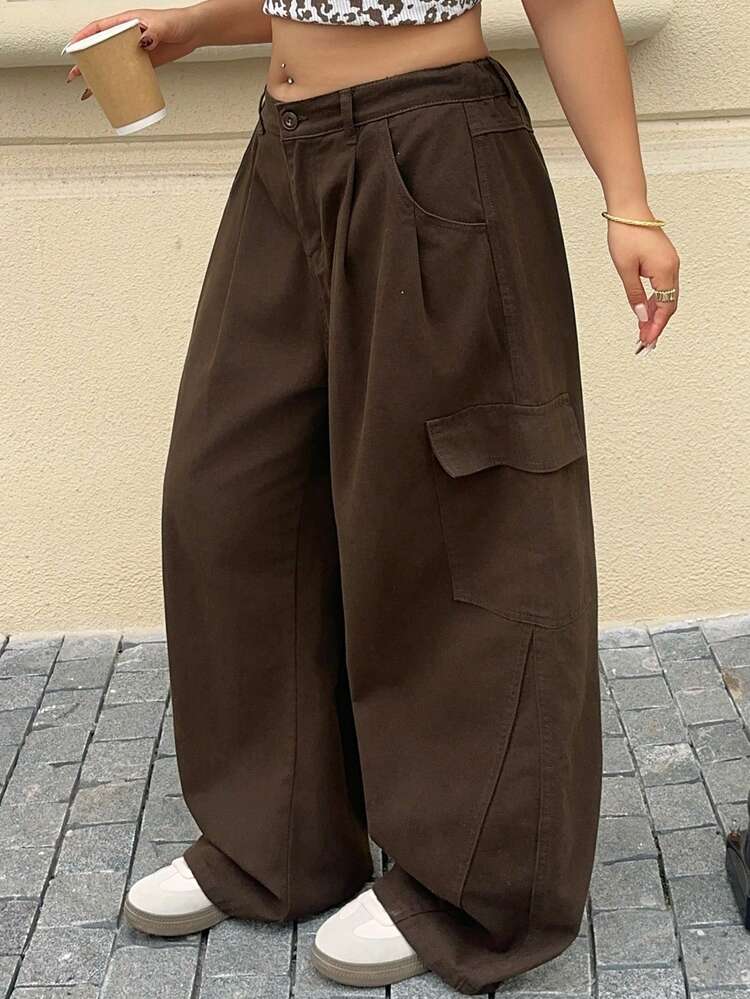 Dazy Plus Solid Color Casual Cargo Pants With Large Pockets, Loose Wide Leg Flare Jeans, Plus Size, Brown, Spring/Summer/All Season