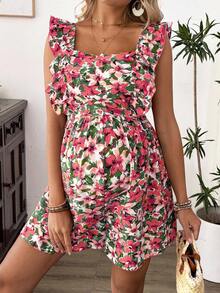 SHEIN 孕妇印花荷叶边哺乳连衣裙，夏季沙滩/度假风 - 玫紅色 - 查看 5