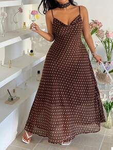 GalTyme 大码女士波点休闲派对吊带裙 - 棕色 - 查看 6