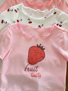 SHEIN LMoss Kids 女婴可爱卡通草莓图案荷叶边圆领短袖短裤柔软针织睡衣套装，6件套 - 彩色 - 查看 5