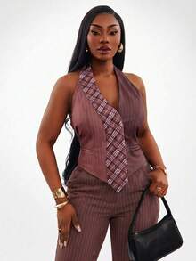 Radiana Plus Size Women's Chocolate Brown Summer Smart Casual Stripe Tie Collar Vest, Halter Neck Corset Top, Office Siren Business Work Tops, Vintage Chic - Multicolor - View 7