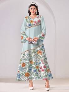 SHEIN Najma Women's Floral Print Casual Minimalist Dress, Suitable For Gatherings And Outings, Conservative Style - Multicolor - View 2