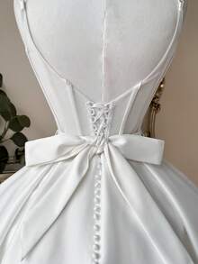 Lovelzi Elegant White Summer Satin Slip Dress,Formal V-Neck Sheer Back Bowknot Adjustable Straps A-Line Skirt,Perfect For Grad,Wedding,Parties,Bridal Gifts - White - View 5