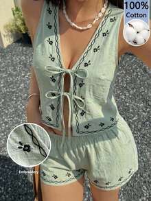 SHEIN EZwear 女士休闲刺绣梭织套装，绿色 - 綠色 - 查看 1