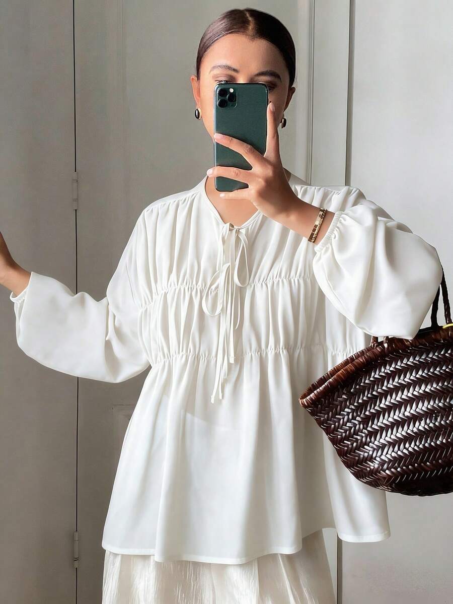 DAZY Blus Wanita Polos Longgar Berlipit dengan Tali Serut Lengan Panjang Elegan untuk Liburan, Musim Semi/Gugur - Putih - View 1