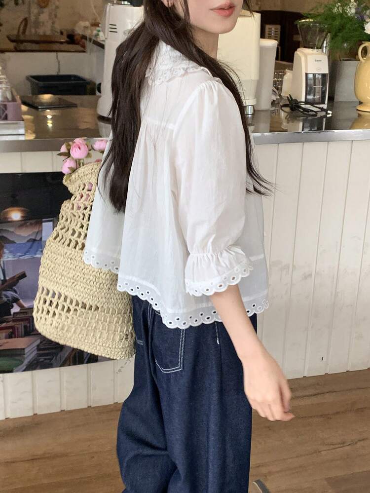 Women's Collared Solid Color Elegant Korean Style Blouse