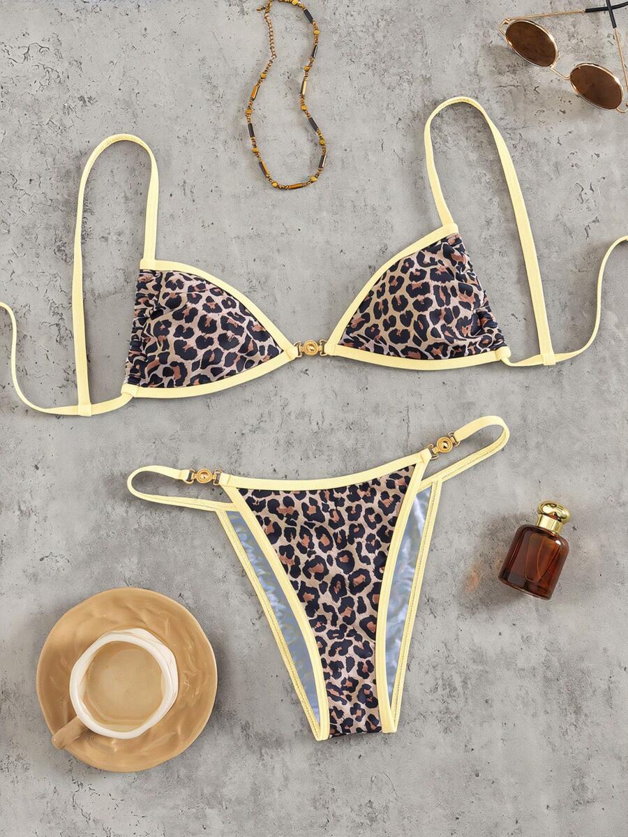 Swim SXY New Arrival Women's Elegant Y2K Sexy Wild 2 Piece Leopard Print Bikini Set - Leopard Triangle Top With Beige Yellow Trim & Gold Hardware, High Cut Cheeky String Bottom, Flattering Slimming Fit, Retro Animal Print Beach Summer Vibe - Ultimate Swimwear & Beach Outfit For Summer Vacation, Pool Party, Beach Holiday, Resort Wear, Music Festivals, Tropical Getaway, Honeymoon, Spring Break & Coastal Holidays - Multicolor - View 1