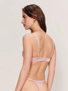 lacRébo Bộ đồ lót màu hồng với chi tiết ren trắng và quần tanga cùng màu, bộ đồ lót satin gợi cảm, phong cách Pháp, Paris, mùa xuân hè. - Màu Hồng baby - Xem 2