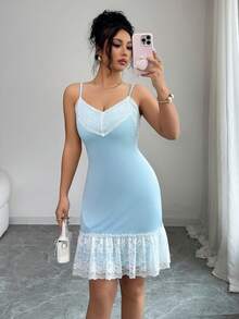 Selianne Vestido feminino com decote em V, detalhes em renda, barra com babados e alças finas. - Azul - Ver 3