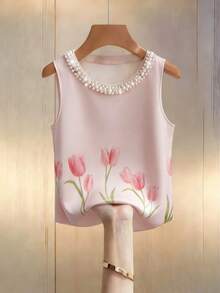SHEIN LUNE 女士夏季法式珍珠领郁金香印花亮面优雅吊带背心，适合约会、休闲、办公、下午茶、母亲节、教师节等场合。 - 粉色 - 查看 3