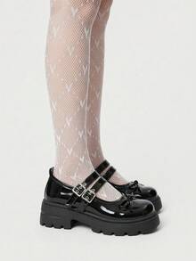 ROMWE Kawaii 女式厚底乐福鞋/黑色扣环蝴蝶结小皮鞋，2025春季新款复古哥特式洛丽塔玛丽珍鞋 - 黑色 - 查看 3