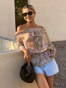 Livesso Áo kiểu nữ phong cách bohemian thường ngày, in họa tiết toàn thân, trễ vai, tay phồng xoắn, dáng rộng, thích hợp cho mùa xuân, hè và thu. - màu nâu - Xem 5