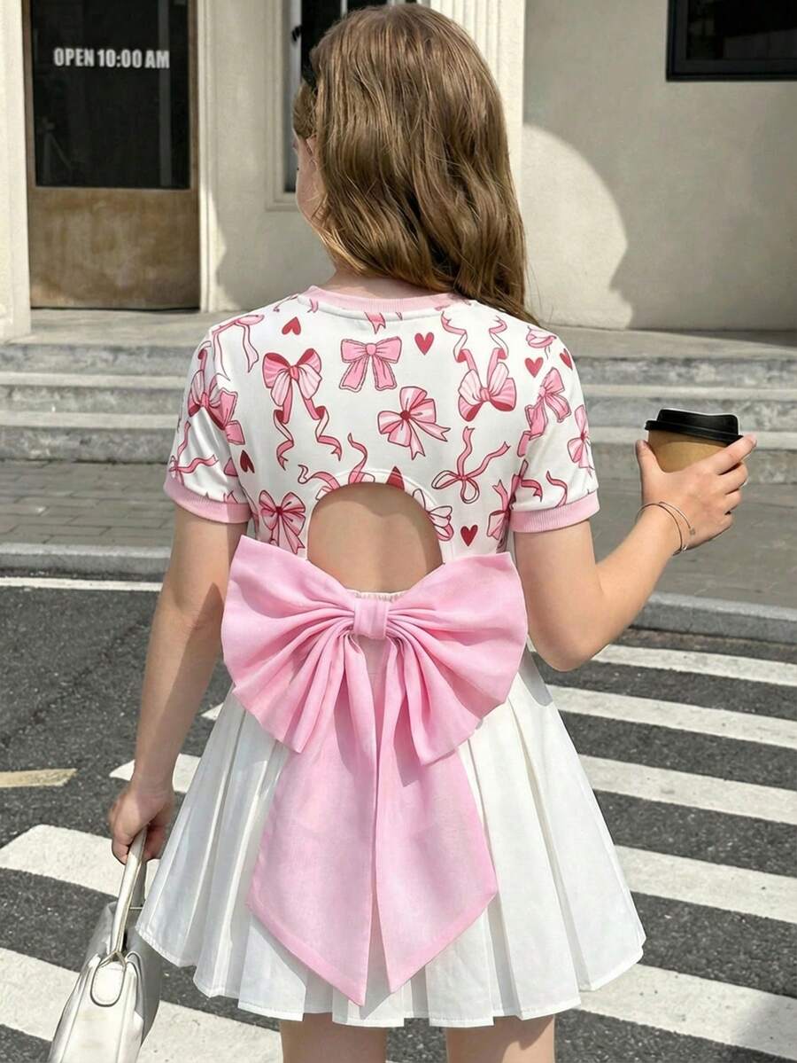 SHEIN Áo thun ngắn tay dáng lửng màu trơn cho bé gái tuổi teen, chất liệu organza, đính nơ, kiểu dáng thanh lịch Pháp, thích hợp cho mùa tựu trường, phong cách Y2K, ngọt ngào và sang trọng. - Hồng - Xem 1