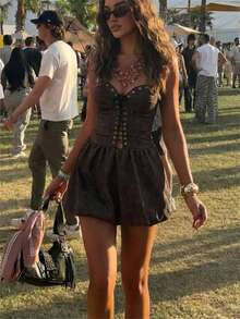 Aloruh 女士复古Y2K性感系带皮质迷你连衣裙，复古做旧纯色，适合音乐节穿着 - 黑色 - 查看 1