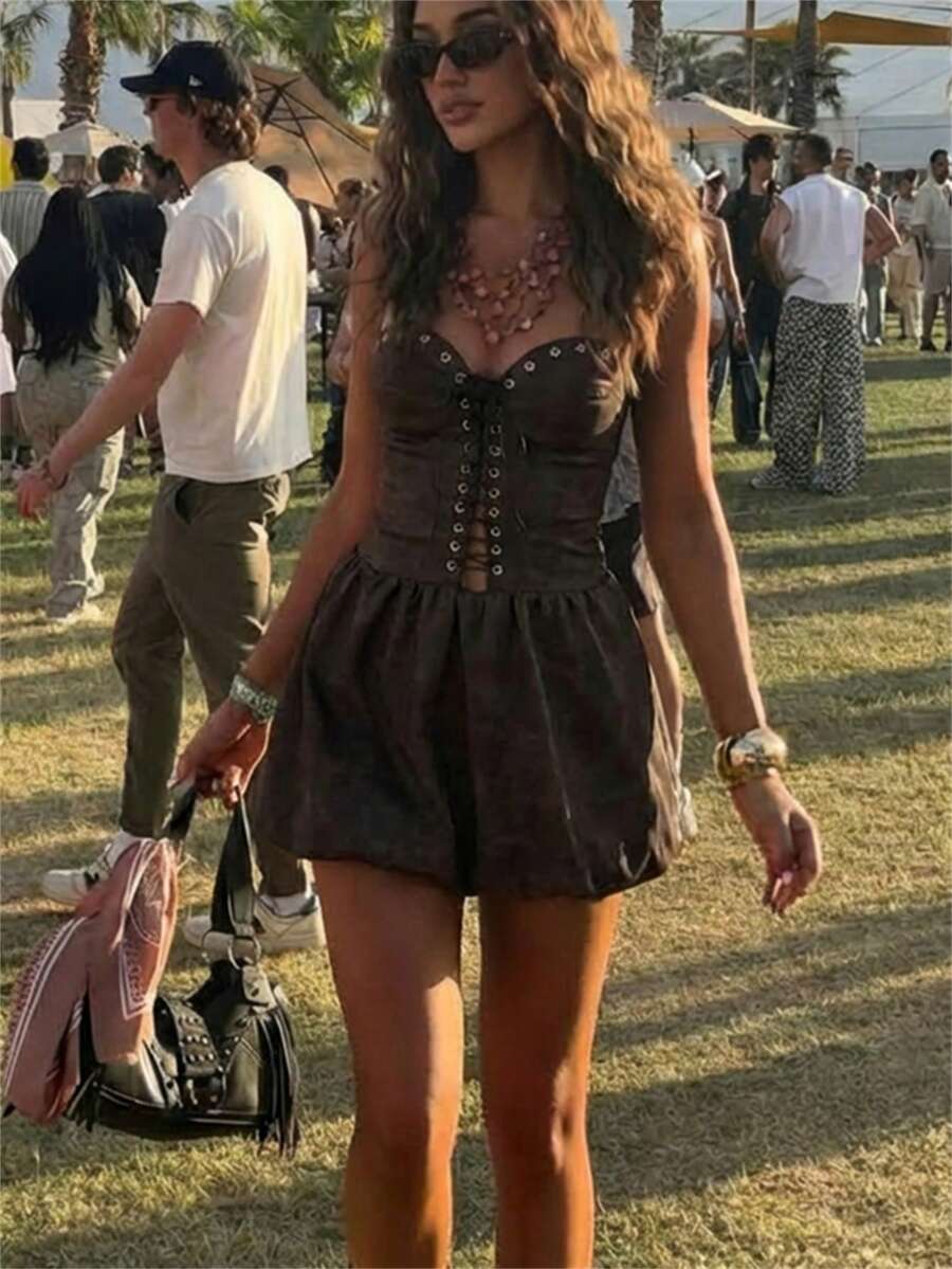 Aloruh 女士复古Y2K性感系带皮质迷你连衣裙，复古做旧纯色，适合音乐节穿着 - 黑色 - 查看 1