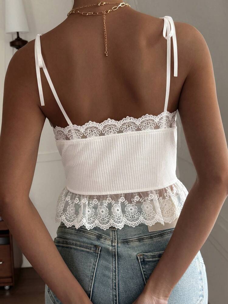Lace Patchwork Bow Tie Strap Slim Fit Casual Women Tank Top, Suitable For Spring & Summer