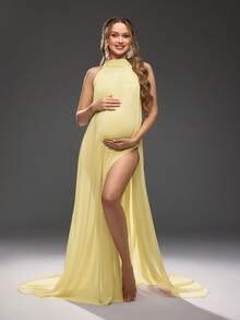 Cheriluna Maternity 孕妇纯色侧开衩露背吊带写真连衣裙 - 芥末黃 - 查看 3