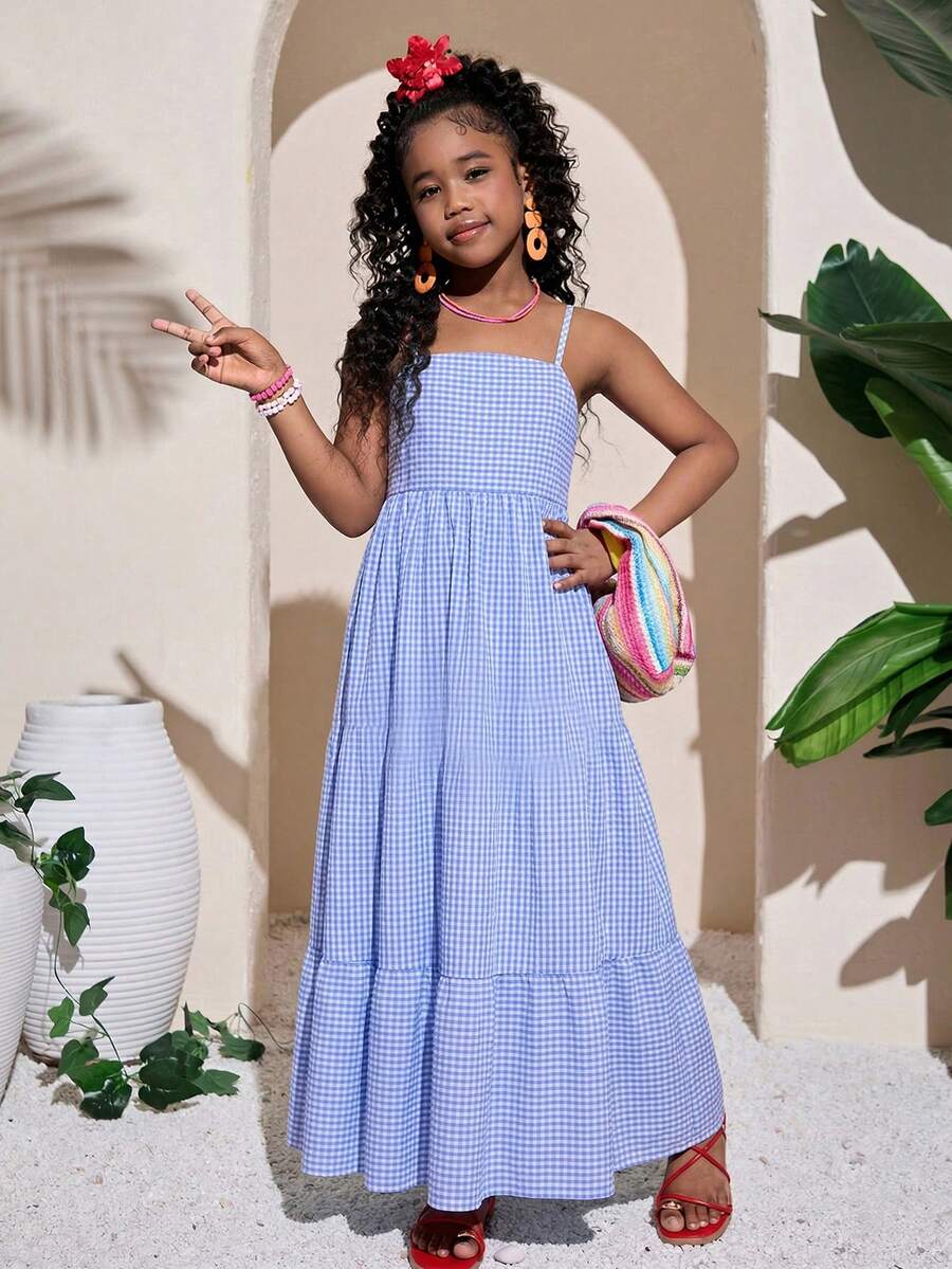 Tween Girl Fashion Resort Pink Spaghetti Strap A-Line Dress - Blue - View 1