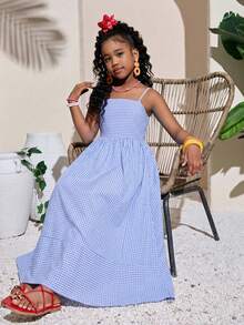 Tween Girl Fashion Resort Pink Spaghetti Strap A-Line Dress - Blue - View 3