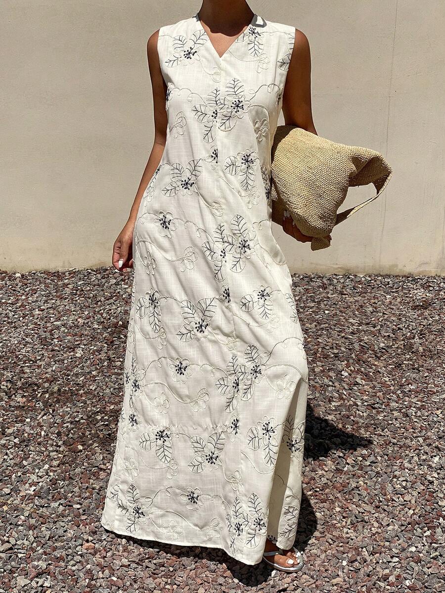 Livesso Summer Vacation Outfit White Sleeveless V-Neck Loose Embroidered Loose Mid-Length Dress For Women Sun Dresses For Women - Beige - View 1