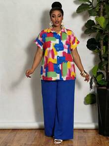 SHEIN CURVE+ Curve 尺码 US22 音乐节、海滨度假、波西米亚风两件套，AB 色印花衬衫和纯色裤子，度假 - 彩色 - 查看 3