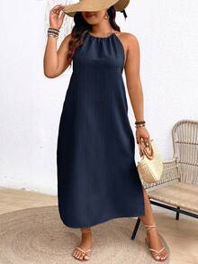 SHEIN Frenchy Plus Size Backless Halter Neck Tie Split Beach Vacation Hawaiian Dress For Women - Navy Blue - View 2