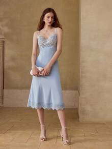 MOTF PREMIUM VESTIDO DE FIESTA/BODA ELEGANTE AJUSTADO CON ENCAJE DE CONTRASTE PARA MUJER PRIMAVERA/VERANO - Celeste - Ver 2