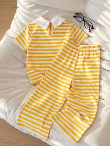 SHEIN Casuvi Kids 2 pièces/Set Toddler Filles Rayé Manches Courtes Polo Col T-Shirt + Large Jambe Tricot Pantalon Set, Style Américain Décontracté Rétro, Convient pour le Printemps/Été Tenue Quotidienne - Jaune citron - Voir 2