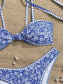 Swim Mod Bộ bikini nữ mùa hè 2026 mới, kiểu dáng dễ thương, thích hợp cho kỳ nghỉ hè, phong cách influencer, màu xanh dương, dây mảnh buộc vai, thắt nút phía trước và bắt chéo phía sau, họa tiết hoa và kẻ caro, cạp cao. - Màu xanh lam - Xem 4
