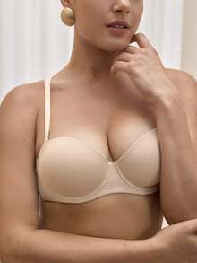 Women's Casual Backless Strapless Bra With Padding Apricot Plain Fabric Underwear - Apricot - View 3