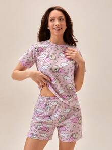 Loomlin Bộ đồ thể thao nữ Cotton Line gồm áo tay ngắn cổ tròn in hình gấu ngủ dễ thương và quần short thoải mái, thích hợp mặc hàng ngày. - Màu Hồng baby - Xem 4