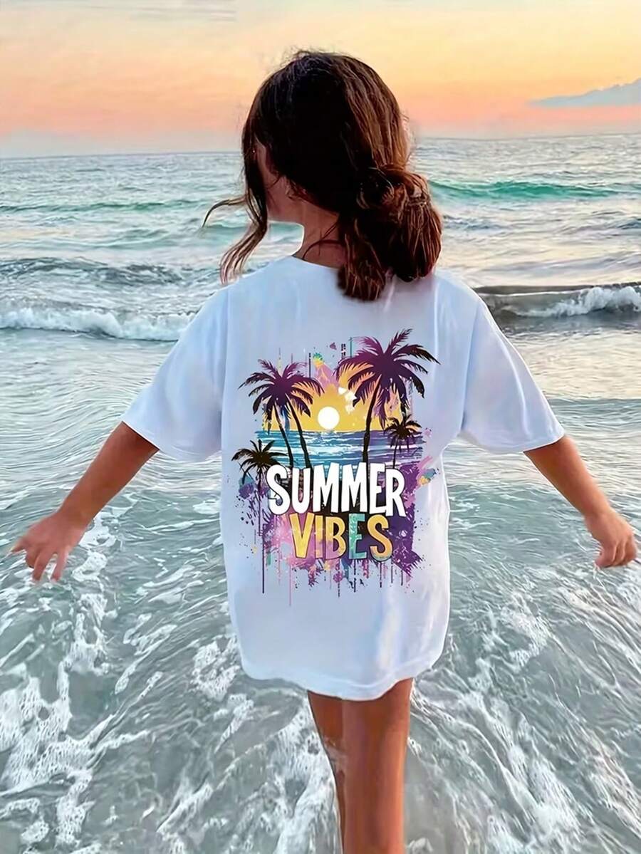 Spring And Summer Girl's & Tween Girl Casual Fashionable Creative Personalized Refreshing Minimalist Coconut Tree, Sunset, Wave, Splash Ink Graffiti, Slogan Graphic Print Basic Short T-Shirt, Comfortable Daily Wear - White - View 1