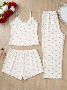 SHEIN Cotton Rib Knit 3 Pcs White With Pinl Heart Pattern With Contrast Colour Lace Detail Sleevless Top&Shorts&Long Pants Homewear Comfort Casual Women Lounge Set For Summer - White - View 2