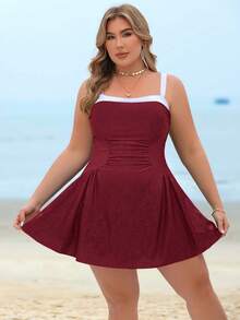 Swim Lushoire Áo tắm liền thân cỡ lớn màu đen trắng phối tương phản, thiết kế nhún bèo, dây đeo có thể điều chỉnh, gợi cảm, thanh lịch dành cho nữ đi biển hoặc nghỉ dưỡng. - Màu Đỏ Sâu - Xem 4