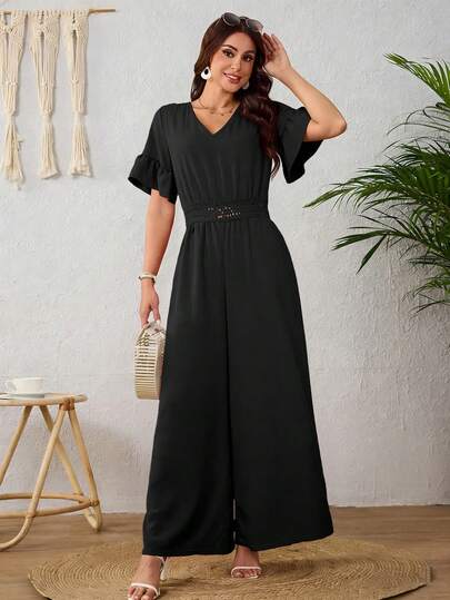 Mono de mujer unicolor con cintura ceñida hueco, suelto, casual, para trabajo, de verano