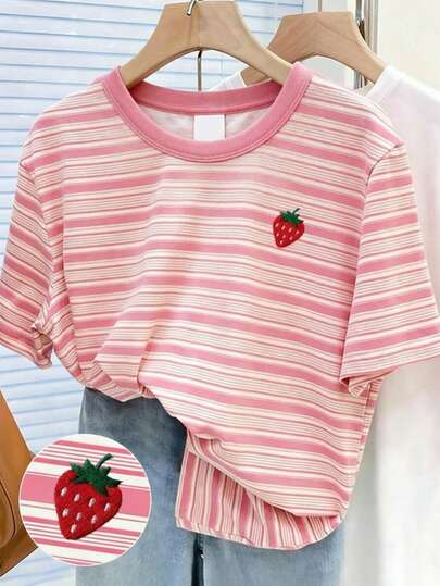Áo thun ngắn tay cổ tròn in hình dâu tây sọc nhiều màu sắc dễ thương cho bé gái, kiểu dáng thường ngày, màu hồng sọc cổ điển, thoải mái cho mùa xuân, hè, thu và đông.