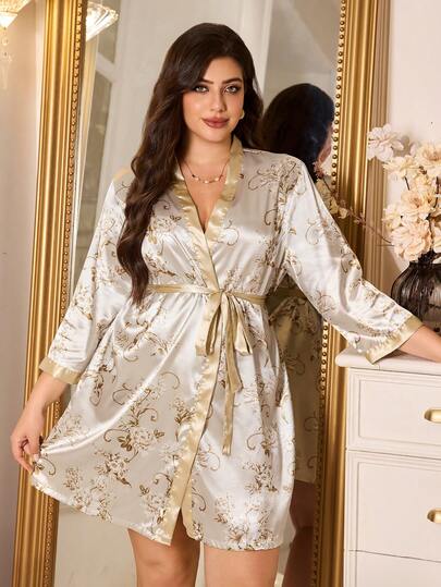 LuxeNights Elegant Champagne Color Printed Faux Silk Plus Size Robe