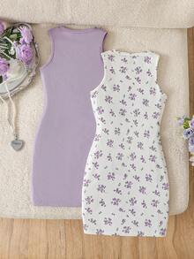 Vintaside Kids 2 piezas Vestido casual sin mangas de Body con bloqueo de color y estampado de mariposa para niñas, verano - Morado - Ver 2