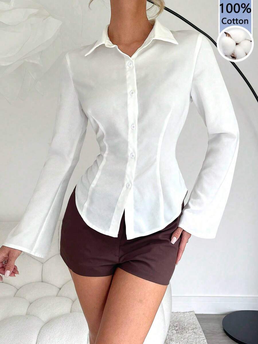 Rafferiza 1件純色休閒前開鈕扣優雅長喇叭袖女式襯衫 白色女式辦公正式襯衫 - 白色 - 查看 1