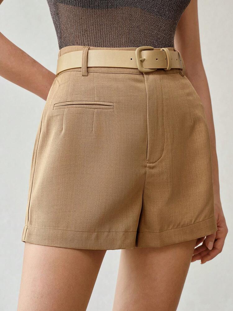 WOMEN'S CASUAL KHAKI STRAIGHT LEG SHORTS, FASHION WAISTBAND DECOR VERSATILE SLIMMING SUMMER SHORTS