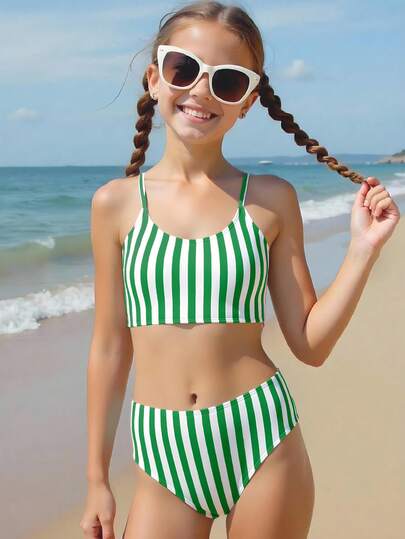 SHEIN Tween Girls Bikini Sets,Girls' Swimsuit Set, Casual, Vacation Style, Green Swimsuit, Simple Striped Print, Knitted Fabric, Double Shoulder Straps, Two Pieces Set, Tank Top Paired With Briefs, Fashionable, Casual, Exquisite, Elegant, And Ladylike, Suitable For Swimming, Summer Vacation, Beach, Seaside, Swimming Pool, Summer Party, Leisure And Vacation.