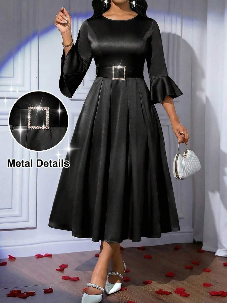 SHEIN Lady 女士优雅水钻搭扣装饰喇叭袖连衣裙,春夏款 - 黑色 - 查看 1