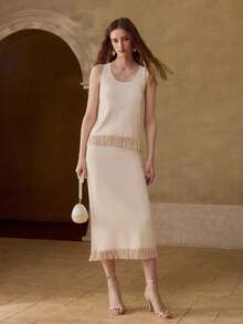 MOTF WOMEN'S RHINESTONE DECOR TASSEL HEM SLEEVELESS KNIT TOP AND KNIT SKIRT 2 PIECES SET - Apricot - View 7