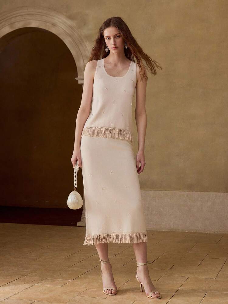 WOMEN'S RHINESTONE DECOR TASSEL HEM SLEEVELESS KNIT TOP AND KNIT SKIRT 2 PIECES SET
