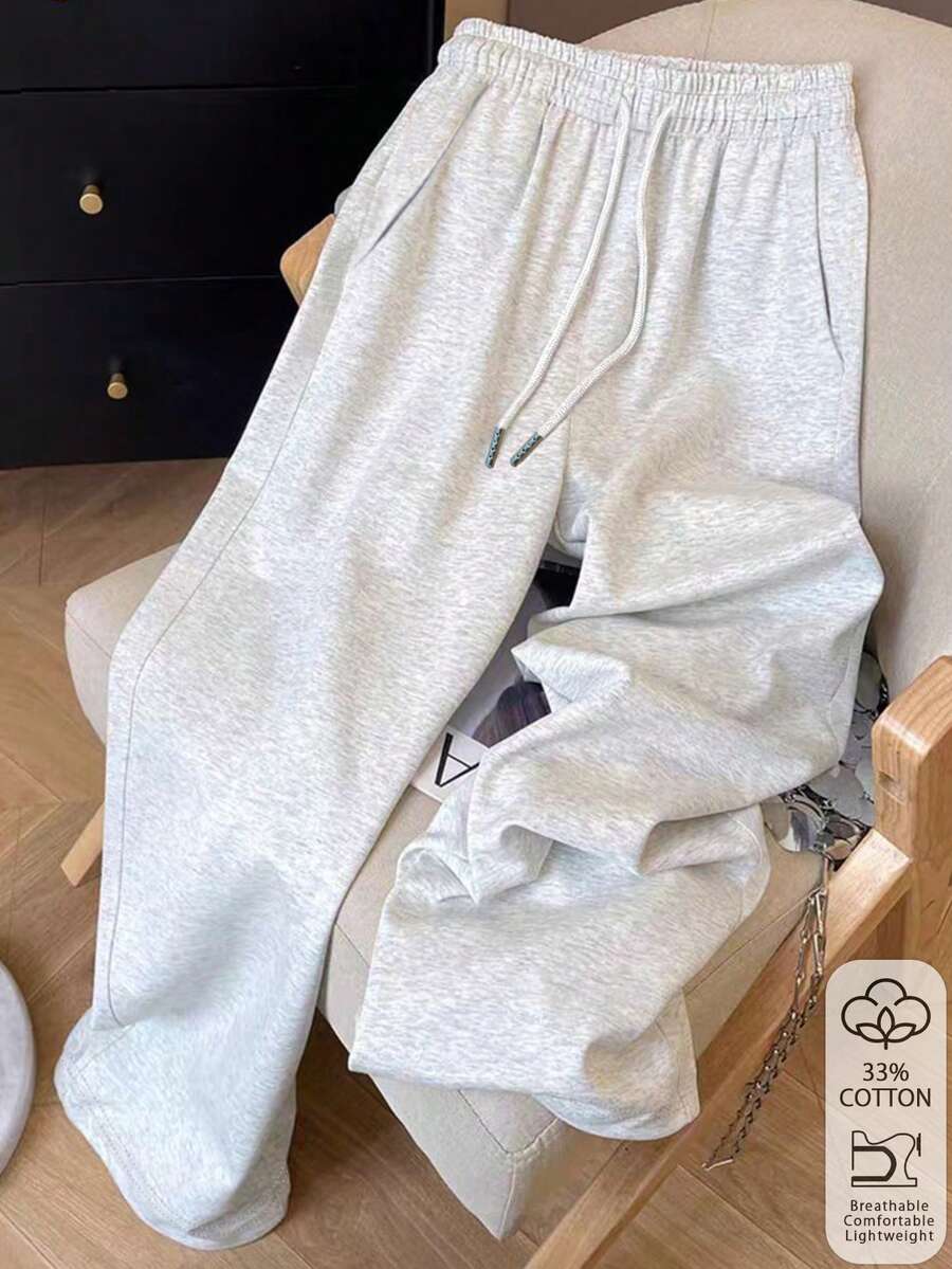 浅灰色亚麻棉抽绳腰宽松阔腿运动裤，33%棉舒适抽绳束口休闲运动裤，Y2K Baddie风格宽松抽绳阔腿运动裤，美式复古休闲棉混纺抽绳运动裤，ins风浅灰色亚麻质感抽绳束口休闲裤，通勤居家舒适棉混纺抽绳运动裤 - 淺灰色 - 查看 1